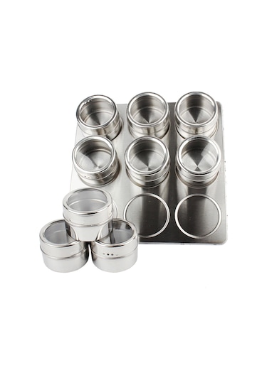 Paslanmaz Çelik Masa Üstü 9Lu Mıknatıslı Baharatlık Takımı Cin220 Gri