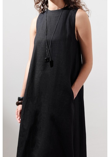 Keten Büzgülü Geniş Elbise Siyah Siyah