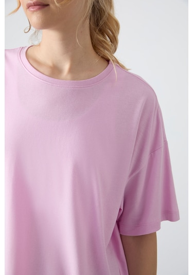 Tommy Life Pembe Penye Modal Yumuşak Tuşeli Oversize Fit Basic Kadın T-shirt- 97285 Pembe