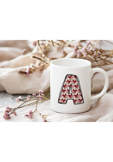 A Harfi Aşk Temalı Kupa - Kalp Desenli Kişiye Özel Romantik Sevgililer Günü Kahve Kupası Beyaz