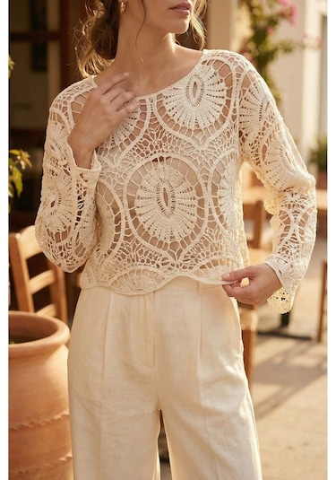 Sayzen Your Shine Dantel Işleme Crop Bluz Sy-shn2610 Ekru