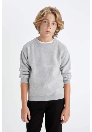 DeFacto Erkek Çocuk Gri Bisiklet Yaka Basic Düz Triko Kazak C8617A824WNGR210