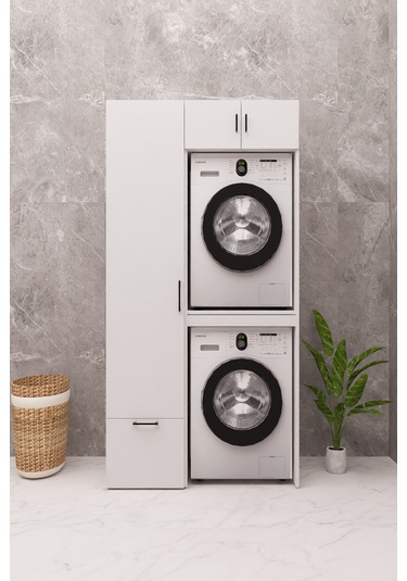 Mdf Çamaşır Makinesi Ve Kurutma Makinesi Dolabı Ütü Masalı Beyaz