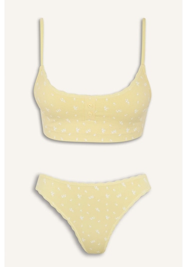 Defacto Kadın 2li Takım Desenli Seamles Kumaş Bralet Külot-fall İn Love E6601ax25smyl118 Sarı
