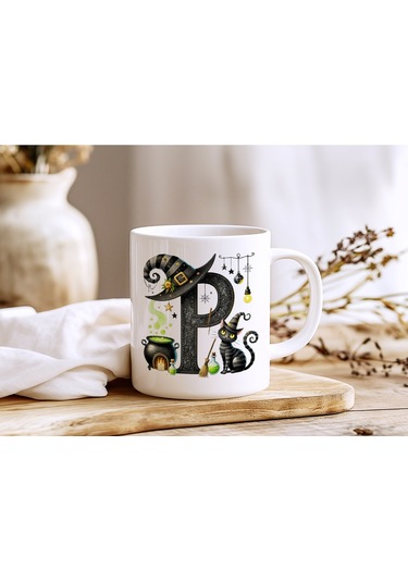 P Harfli Halloween Kedili Figür Kupa Bardak - Şapkalı Ve Kazanlı İsme Özel Kupa - Hediye 07 Beyaz