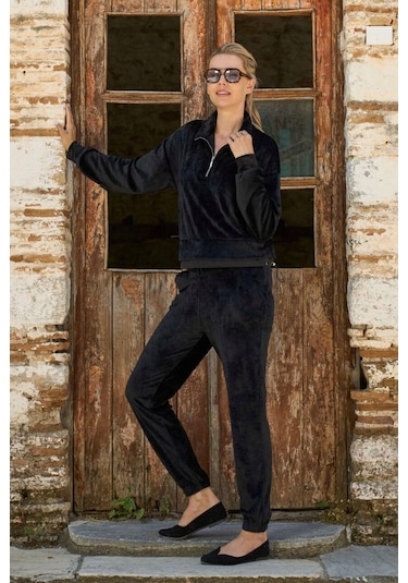 Cossy By Aqua 26062 Kadın Uzun Kollu Kadife Dik Yaka Paçası Bantlı Eşofman Takımı-siyah Siyah