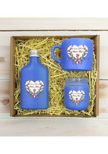 Bk Gift Kişiye Özel İsimli Dtf Anne Temalı Mavi Kahve Fincanı & Kolonya & Mum Hediye Seti-5, Anneye Hediye, Anneler Günü Hediyesi Kobitmeyencom30967 B