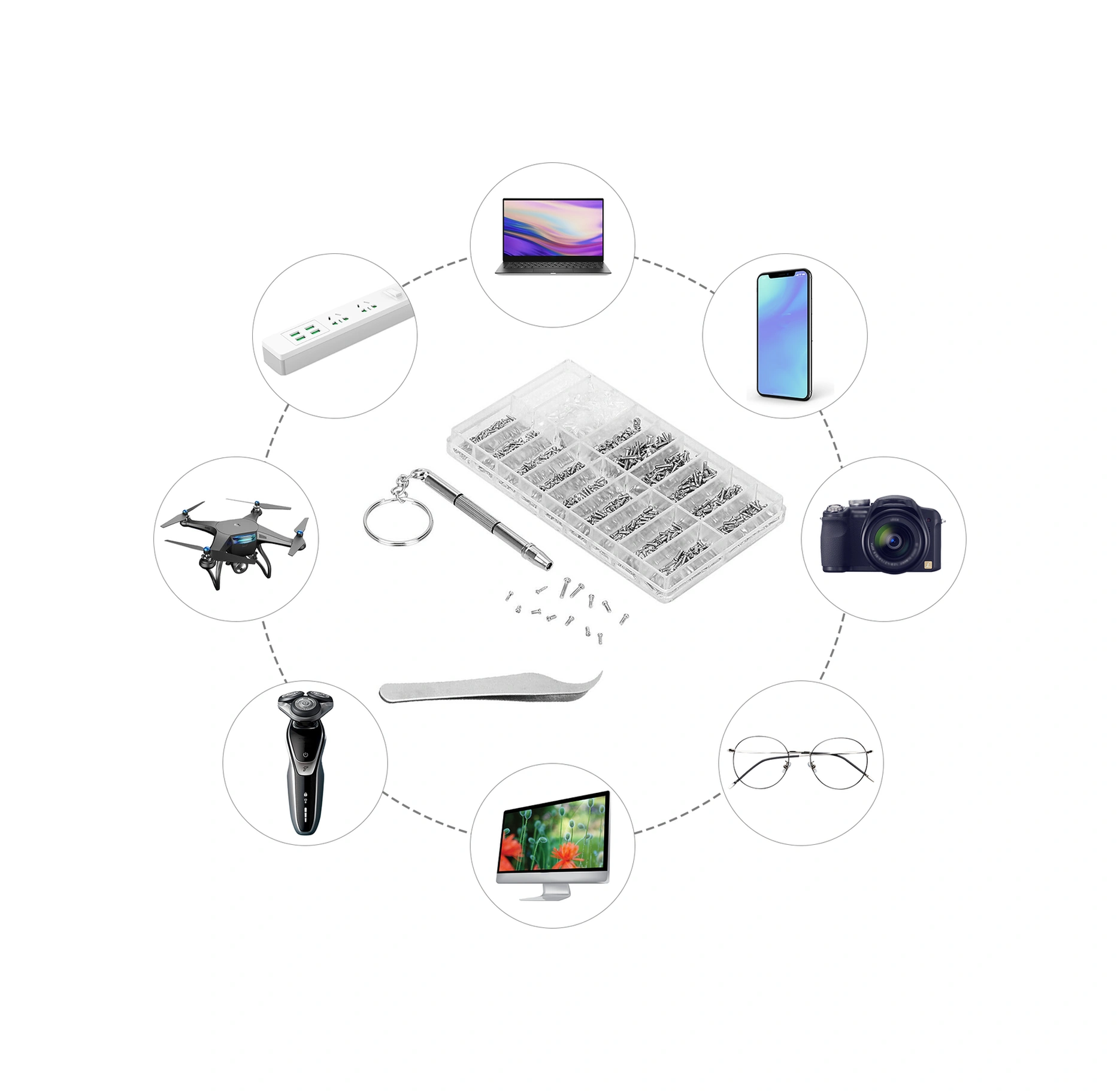 Folinda Gözlük Ve Saat Tamiri İçin 18 Farklı Boyutlu 1000 Adet Demir Vida, Yonga Ve Tornavida Seti - Bölmeli Kutuda Taşınabilir