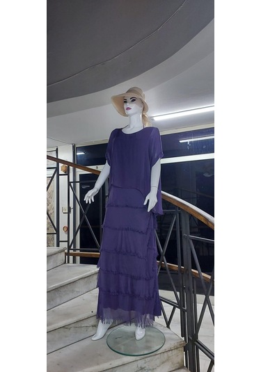 İtalyan 2 Beden İnce Gösteren Yarım Kol Kat Kat Ipek Elbise Mürdüm