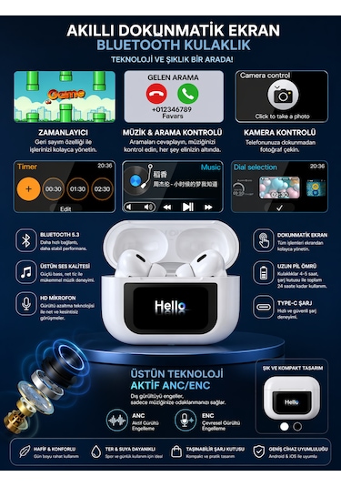 Akıllı Ekranlı Bluetooth Kulaklık Dokunmatik Ekranlı Şarj Kutusu Beyaz