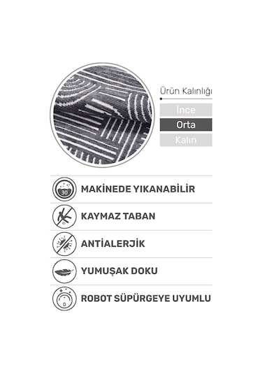 Revna Antrasit Yıkanabilir Halı Kaydırmaz Tabanlı Pamuk Dokuma Salon Mutfak Koridor İçin Antrasit