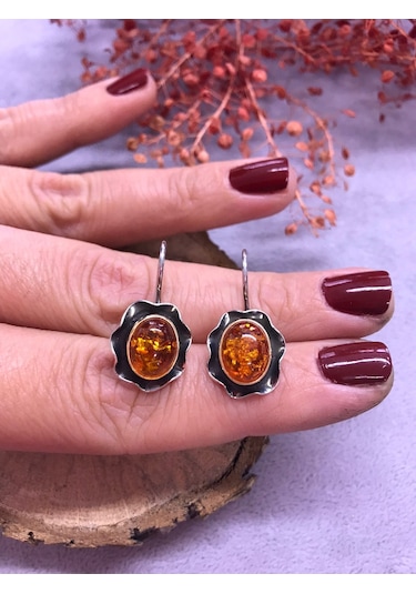 Nsa Gümüş Kehribar Taşlı Gümüş Küpe 925 Ayar N11.65662