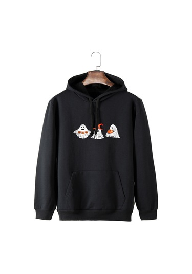 Unisex Siyah Kapüşonlu Cadılar Bayramı Boo Baskılı Slim Fit Kanguru Cepli Sweatshirt Siyah