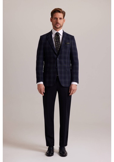 Erkek Lacivert Yeşil Kışlık Yünlü Regular Fit Ekose Desenli Ceket 001