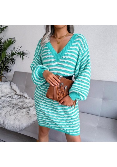 Novahub Kadın Sonbahar Kış V Boyun Uzun Kollu Yün Elbise - Camgöbeği Renkli Şerit Oyma Camgöbeği