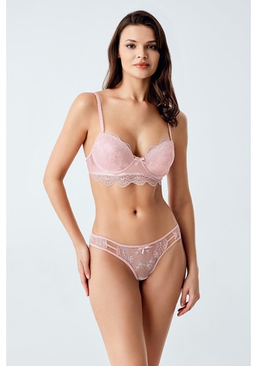 Luw 6118 Pudra Dolgulu Sütyen Külot Dantelli 2Li Takım Pudra