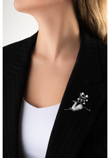 Ren Geyiği 18 Ayar Beyaz Altın Kaplama Gümüş Broş Beyaz Altın Kaplama