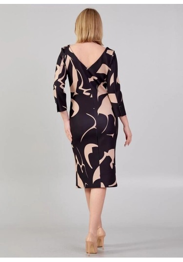 Modatalika Kadın Desenli Yakada Taş Detayı Truvakar Kollu Şık Midi Boy Elbise BEJ Bej