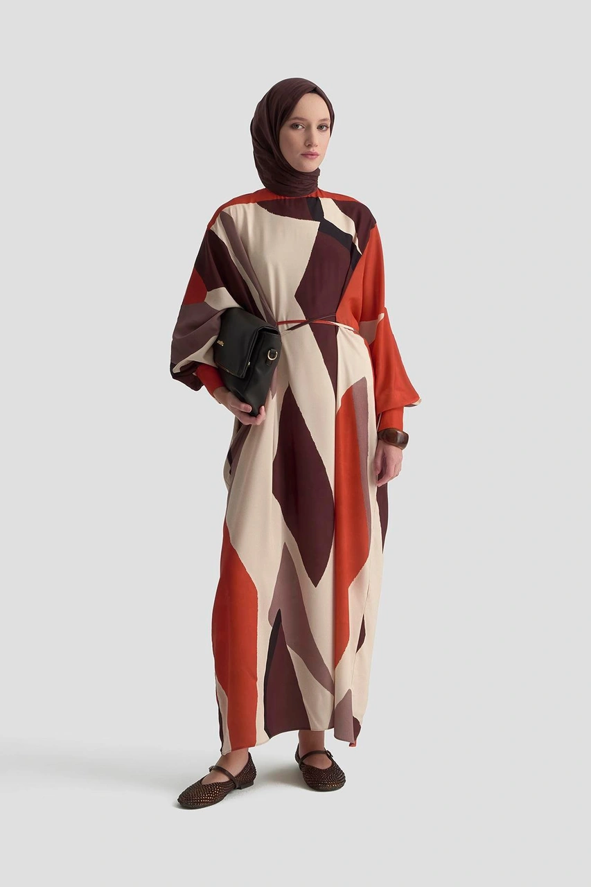 Armine Çapraz Bağlamalı Desenli Elbise 25k9101 Kiremit Kiremit