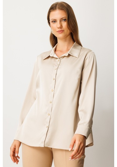Ekol Kadın Büyük Beden Düğmeli Saten Gömlek 3505 İnci İnci