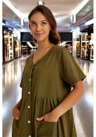 Beli Büzgülü V Yaka Keten Elbise Haki