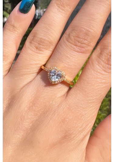 Taş Detaylı Gold Kalp Yüzük Gold