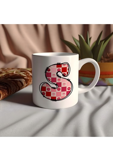 S Harfi Pembe Kareli Kalpli Göz Emojili Kupa Bardak Eğlenceli Kareli Tasarım Kahve Çay Kupası 07 Beyaz