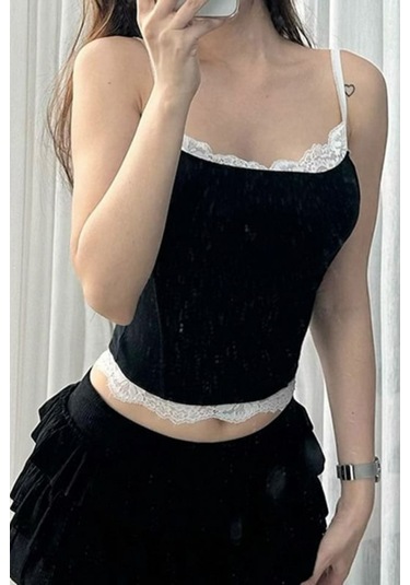 Siyah Dantel Detaylı Beyaz İnce Gotik Y2k Askılı Crop-17917 Siyah