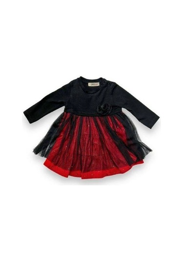 Çikoby Kız Bebek Gül Detaylı Kadife Taşlı Elbise-14901 Siyah