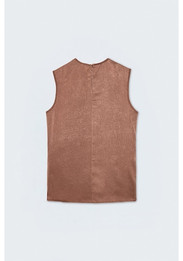 Sateen Degaje Yaka Saten Bluz - Açık Kahve-137427 Açık Kahverengi