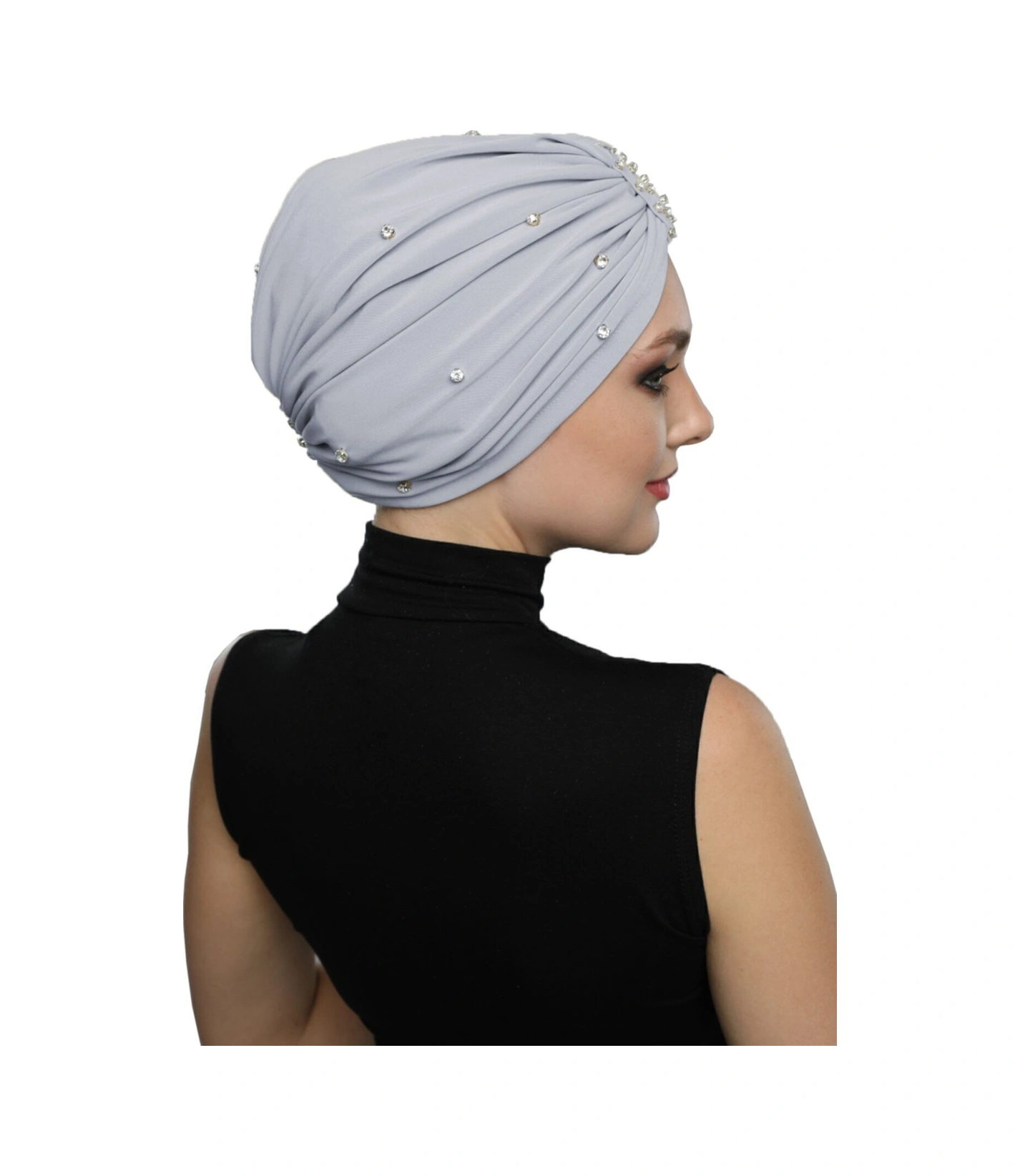 Zeni Taşlı Astarlı El İşi İşlemeli Açık Gri Hazır Türban Tesettür Bonesi Açık Gri