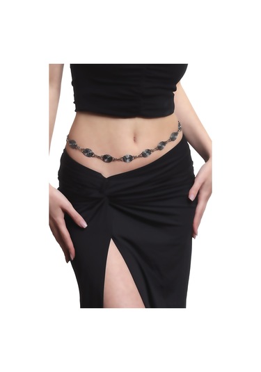 Kadın Antrasit Lak Kaplama Spiral Baskılı Oval Parçalı Ayarlanabilir Bel Zinciri, Bel Kolyesi Antrasit