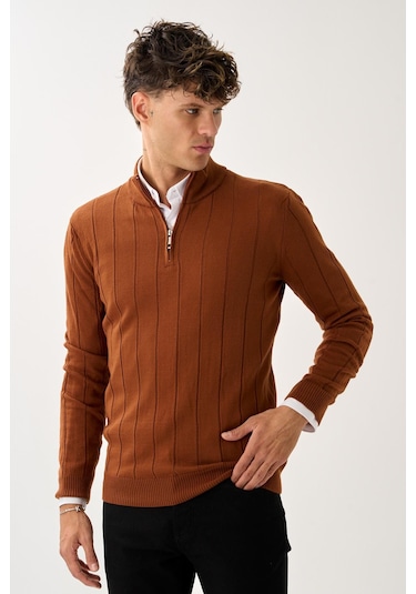 Dikey Dokuma Desenli Fermuarlı Triko Kazak Kiremit