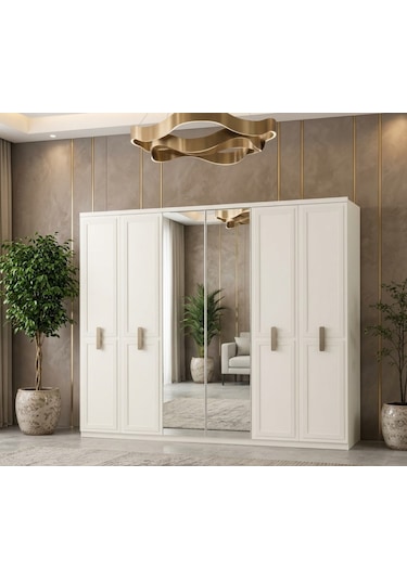 Lucca Tamamı Mdf 6 Membranlı Kapaklı Reflekte Camlı Gardırop Dolap Beyaz