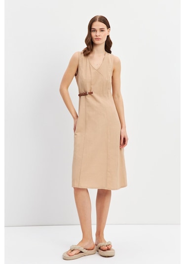 Stella Pulvis Bej Biyeli Kemer Detaylı Keten Midi Elbise