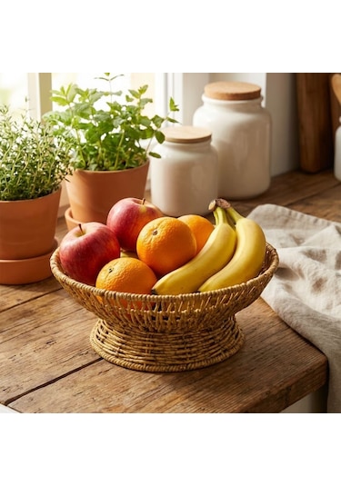 Buffer 28 Cm Plastik Rattan Servis Çanağı Doğal Hasır Görünümlü Dekoratif Meyve, Ekme Renkli