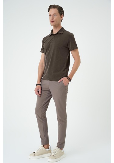 Slim Fit Düğmeli Polo Yaka Pamuklu Koyu Vizon Tişört Ts 879 Vizon