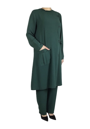 Kadın Önden Tek Cepli Sahte Düğme Detaylı Pantolon Beli Lastikli İkili Takım Yeşil