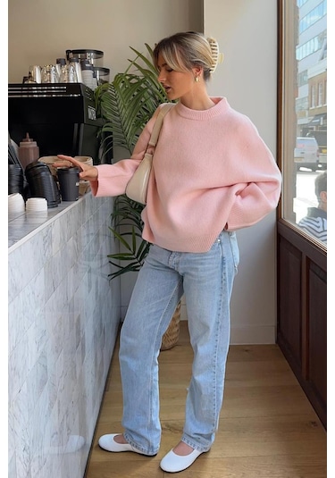 Madmext Madmext MG1972 Bisiklet Yaka Oversize Triko Kadın Kazak - Pembe