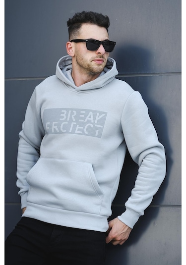 Oksit Break Üç İplik Şardonlu Baskılı Kapüşonlu Erkek Sweatshirt 001