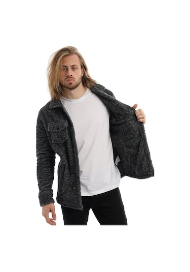 Erkek Çıt Çıt Detaylı Cepli Peluş Ceket Antrasit-melanj Antrasit Melanj