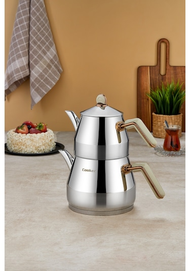 Everest 18/10 Paslanmaz Çelik Orta Boy Çaydanlık 0,75 L Demlik 1,75 L Alt Hazne Krem