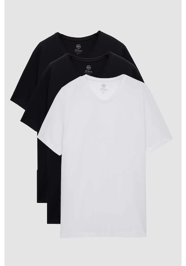 Ds Damat Slim Fit Siyah/beyaz 3'lü Set V Yaka T-shirt 4hc14ortbn55m Siyah/beyaz Siyah - Beyaz