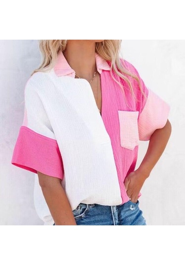 Yaz Moda Rahat Gevşek Gömlek Kadın Patchwork Renk Kısa Kollu Pamuklu Bluz Kadın Düğme Yukarı Gömlek Elbise Tops 26436 Gül Kırmızısı Fuşya