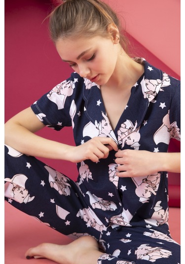 Kadın Düğmeli Desenli Pijama Takımı Koyu Lacivert 1974 Waynap Koyu Lacivert