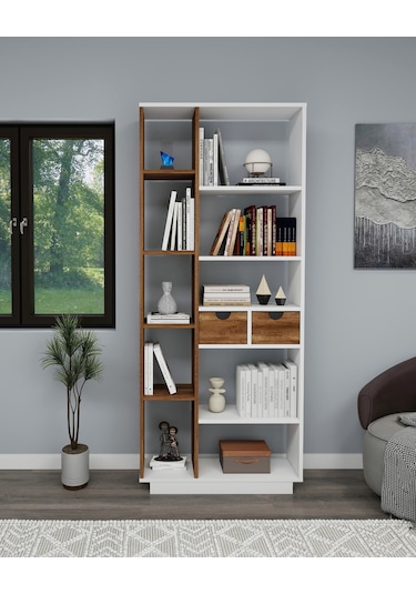Arnetti Luma 10 Raflı Dolaplı Kitaplık Beyaz Ceviz