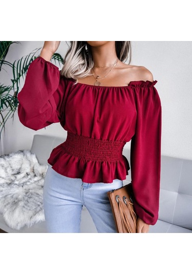 İlkbahar Ve Sonbahar Kadın Bluz Uzun Kollu Seksi Tek Boyun Straplez Hem Fırfır Şifon Bluz Tops Şarap Kırmızısı