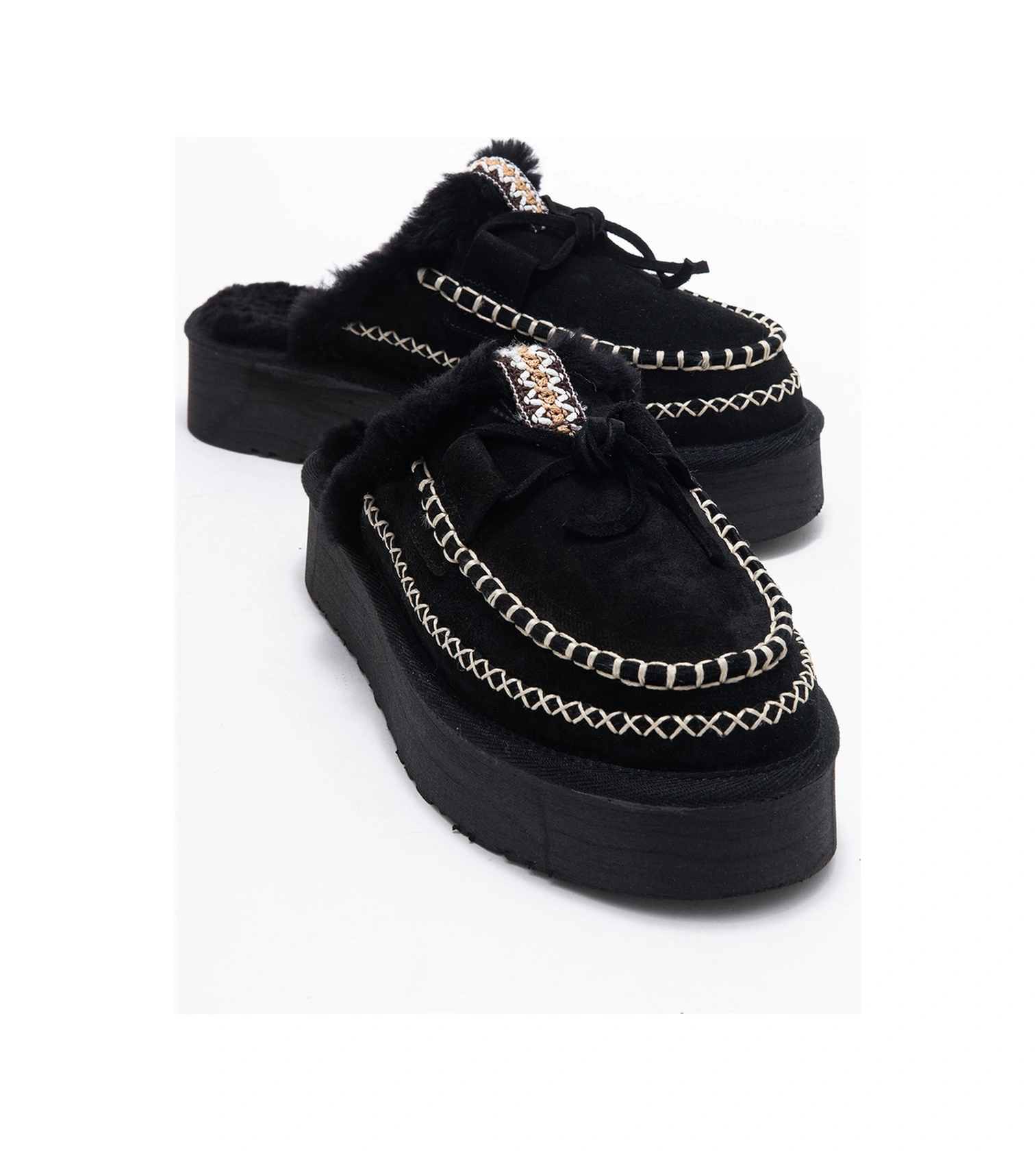 Yalına Siyah Süet Hakiki Deri Dikişli Kürklü Kadın Platform Tabanlı Makosen Terlik Siyah