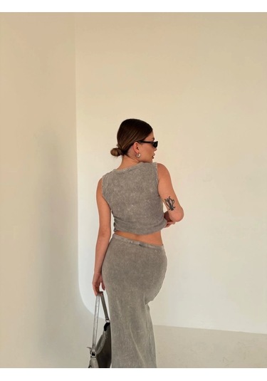 Uzun Etekli Önü Düğmeli Badi İkili Takım- Gri Gri
