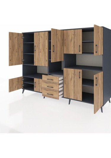 Kronos Dolap 13 Raflı 3 Çekmeceli 9 Kapaklı 220x59x163 Antrasit-ç Antrasit-çam